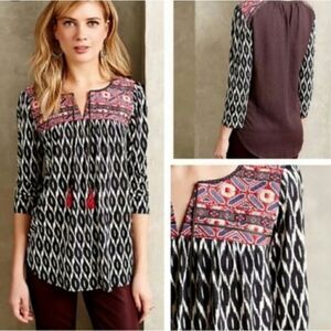 Anthropologie One September Women tribal polka dot tassel embroidered shirt Sm